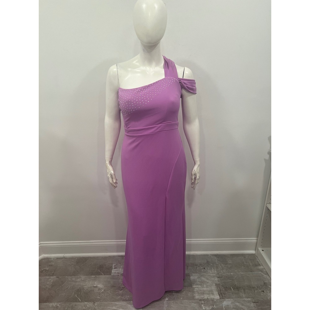 Symphony Maxi Gown Dress Womens 14 Purple Stretch One Shoulder Rhinestone Formal